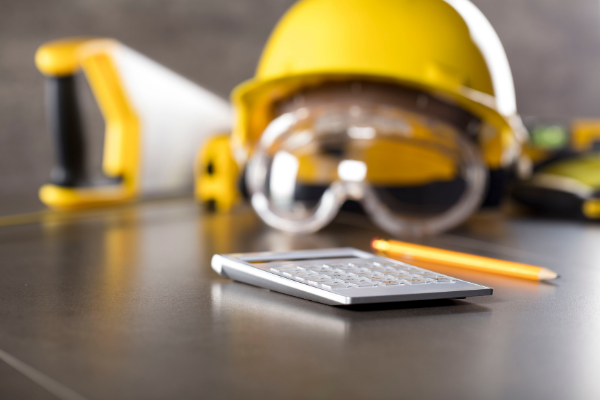 Photo of hard hat, pencil and calculator 